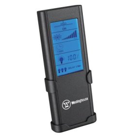 4-Vaiheinen Kaukosäädin (Radiotaajuus) valmistajalta Westinghouse - Musta radiokaukosäädin kosketusnäytöllä ja ajastintoiminnolla mahdollistaa joustavan ja esteettömän kattotuulettimen ja valoasetusten ohjauksen.