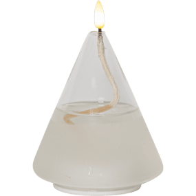 Lyhty Flamme Float Läpinäkyvä valmistajalta Star Trading - Flamme Float on kynttilä, jossa on kartiomainen lasisäiliö, jonka sisällä on läpinäkyvää vahaa, joka antaa öljykynttilän tunteen sydämen kelluessa.