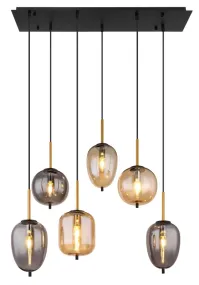 Blacky 80cm Keltainen kattovalaisin valmistajalta Globo Lighting - De sex r&ouml;k- och amberf&auml;rgade glasgloberna i olika former h&auml;nger fr&aring;n en svart, rektangul&auml;r takplatta och kan justeras upp till 120 cm fr&aring;n taket.