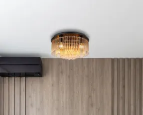 Gorley Ø50 Keltainen plafondi valmistajalta Globo Lighting - Dess design imponerar med en stilfull kombination av mattsvart metall och dekorativa stavar i klart och amberf&auml;rgat glas.