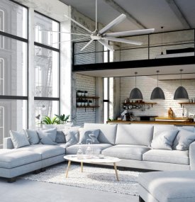 Widespan Ø254 Harjattu nikkeli valmistajalta Westinghouse - Leveä kattotuuletin, halkaisija 254 cm ja tasavirtamoottori, joka on suunniteltu kierrättämään tehokkaasti suuria määriä ilmaa suuremmissa liike- ja asuintiloissa.