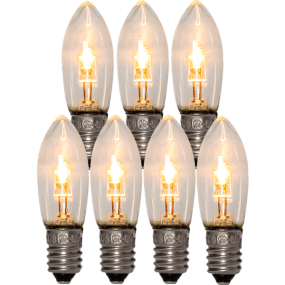 E10 LED 0,5W 10-55V 7 Kpl valmistajalta Star Trading - 7 varapolttimoa, joissa on LED-valoja, kirkas lasi, E10-kanta ja 10–55 V.