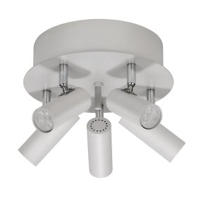 Mini 5 Valkoinen kohdevalaisin valmistajalta Oriva - Valkoisella metallilla varustetussa minikattovalaisimessa kromiyksityiskohtiin on viisi siirrettävää kohdevaloa, jotka tarjoavat joustavan ja tehokkaan valaistuksen.