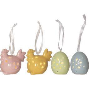 Esther Monivärinen valmistajalta Star Trading - Koristeellinen p&auml;&auml;si&auml;iskoriste kiilt&auml;v&auml;st&auml; posliinista valmistettuna, mukana kaksi p&auml;&auml;si&auml;istipua ja kaksi munaa.