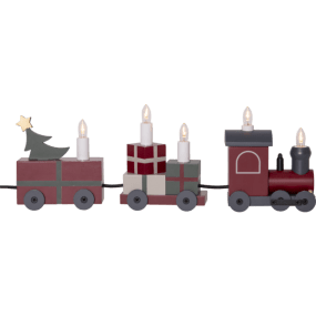 Christmas Train PUNAINEN valmistajalta Star Trading - Juna valaistaan LED-valoilla, jotka on sijoitettu junanvaunuihin ja jotka on kiinnitetty toisiinsa mustalla tekstiilikaapelilla.