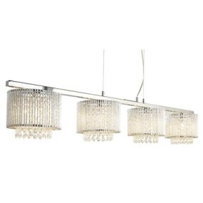 Elise 118cm Kromi kattovalaisin valmistajalta Searchlight - Pitkänomaisen muotoilunsa ja neljän varjostimensa ansiosta se sopii erityisen hyvin ruokapöydän yläpuolelle, missä se on luonnollinen katseenvangitsija.