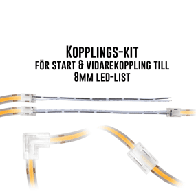Liitäntäsarja Cobby 8 mm valmistajalta Designlight - Pakkaus sis&auml;lt&auml;&auml; liittimi&auml;, jotka ratkaisevat useimmat tarpeet mink&auml; tahansa COBBY LED-nauhojen (12 tai 24 V) asentamiseen 8 mm leve&auml;ll&auml; nauhalla.