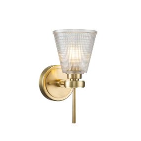 Gunnislake 13cm Harjattu messinki kylpyhuoneen valaisin valmistajalta Elstead Lighting - Valaisin on valmistettu ter&auml;ksest&auml;, jossa on harjattu messinkipinta, ja siin&auml; on kirkas, strukturoitu lasivarjostin, joka tarjoaa tasaisen ja h&auml;ik&auml;isem&auml;tt&ouml;m&auml;n valon.