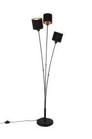 Tommy 3 Musta lattiavalaisin valmistajalta Trio Lighting - Valaisimen mattamusta ja kullanv&auml;rinen viimeistely t&auml;ydent&auml;&auml; t&auml;ydellisesti modernia sisustustyyli&auml; ja siit&auml; tulee tyylik&auml;s sisustusyksityiskohta, joka lis&auml;&auml; huoneen mukavuuden ja tyylin tunnetta.