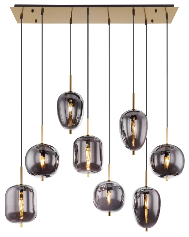 Blacky 102cm Messinki kattovalaisin valmistajalta Globo Lighting - Den 102,5 cm l&aring;nga pendellampan har en rektangul&auml;r m&auml;ssingsf&auml;rgad metallplatta, fr&aring;n denna h&auml;nger &aring;tta svarta kablar med runda, r&ouml;kf&auml;rgade glasglober i olika former.