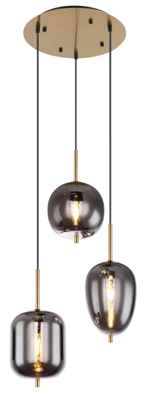 Blacky Ø46 Messinki kattovalaisin valmistajalta Globo Lighting - Den best&aring;r av en rund m&auml;ssingsf&auml;rgad metallplatta, fr&aring;n vilken tre svarta kablar med r&ouml;kf&auml;rgade glasglober i olika former h&auml;nger.