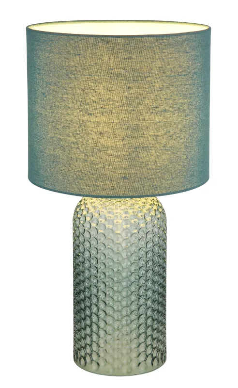 Sofia 50cm Vihreä pöytävalaisin valmistajalta Globo Lighting - Bordslampan Sofia imponerar med sin eleganta kombination av en texturerad glaskropp och en cylindrisk textilsk&auml;rm i lyxig gr&ouml;n ton.
