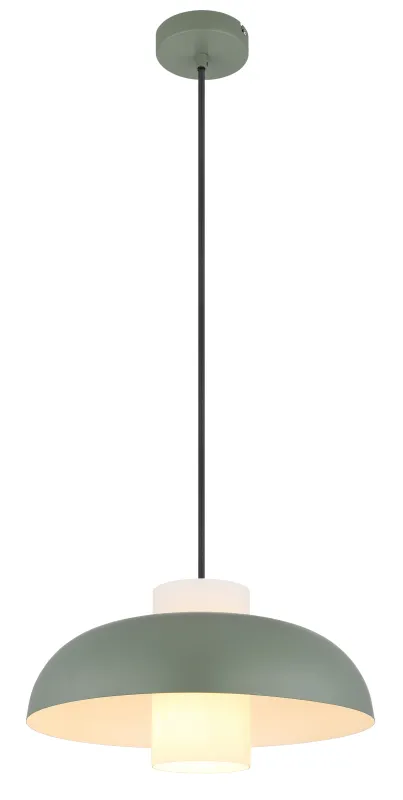 Lowe Ø38 Vihreä kattovalaisin valmistajalta Globo Lighting - Den runda sk&auml;rmen i matt gr&ouml;nf&auml;rgad metall ger ett elegant och tidl&ouml;st uttryck, medan den cylinderformade sk&auml;rmen i opalglas sprider ett mjukt och behagligt ljus.