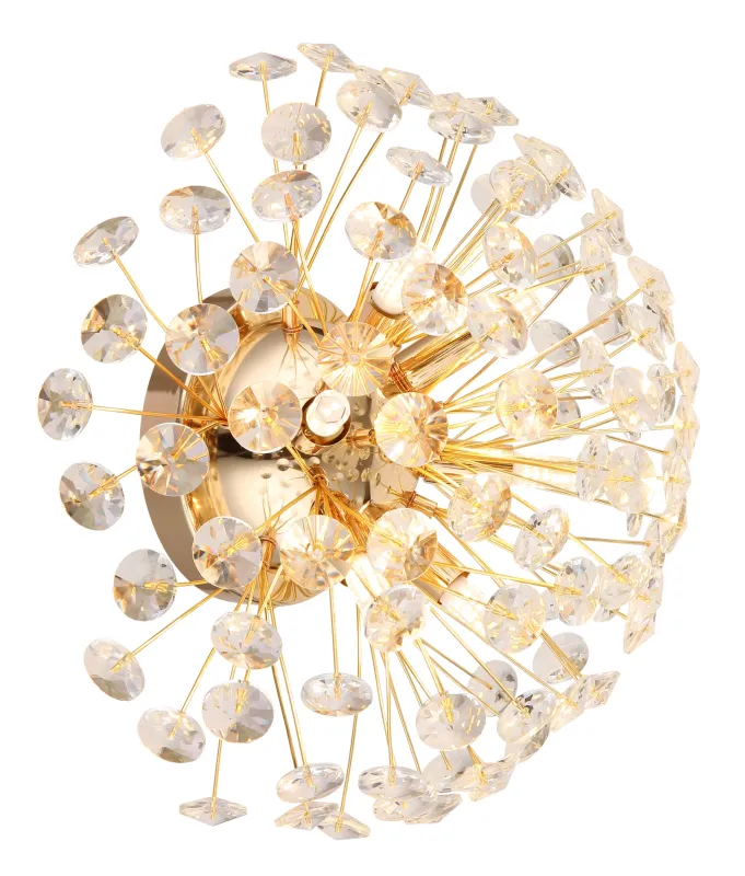 Katrina Ø40 Kulta seinävalaisin valmistajalta Globo Lighting - Den runda stommen i guldf&auml;rgad metall och den halvsf&auml;riska sk&auml;rmen i klara K9-kristaller skapar en lyxig och inbjudande atmosf&auml;r.