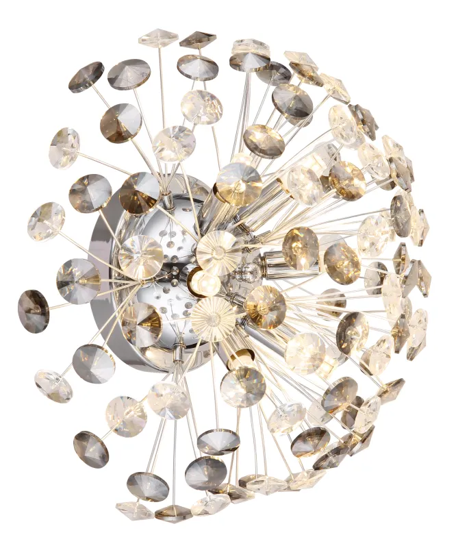 Katrina Ø40 Kromi seinävalaisin valmistajalta Globo Lighting - Den runda stommen i kromf&auml;rgad metall och den halvsf&auml;riska sk&auml;rmen i r&ouml;kf&auml;rgade K9-kristaller skapar en lyxig och inbjudande atmosf&auml;r.