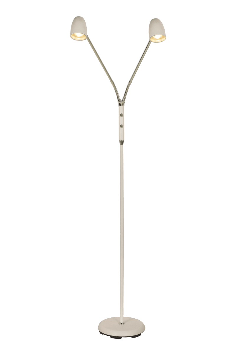 Sandnes 2 Valkoinen lattiavalaisin valmistajalta Aneta Lighting - TV&aring; joustavat varret tekev&auml;t siit&auml; t&auml;ydellisen lukuvaloksi ja siin&auml; on kaksi erillist&auml; virtakytkint&auml; sis&auml;&auml;nrakennetulla himmentimell&auml;, mik&auml; mahdollistaa kirkkauden s&auml;&auml;t&auml;misen tarpeen mukaan.