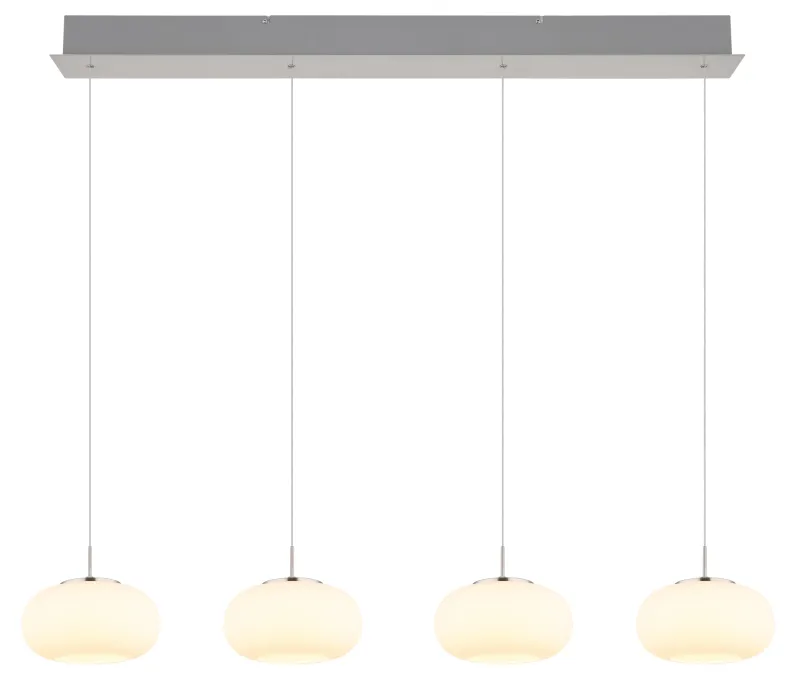 Quintara 110cm Nikkeli kattovalaisin valmistajalta Globo Lighting - Quintara&nbsp;&auml;r en stilren och modern takpendel med en rak metallram och fyra runda, sf&auml;riska glaskupor.