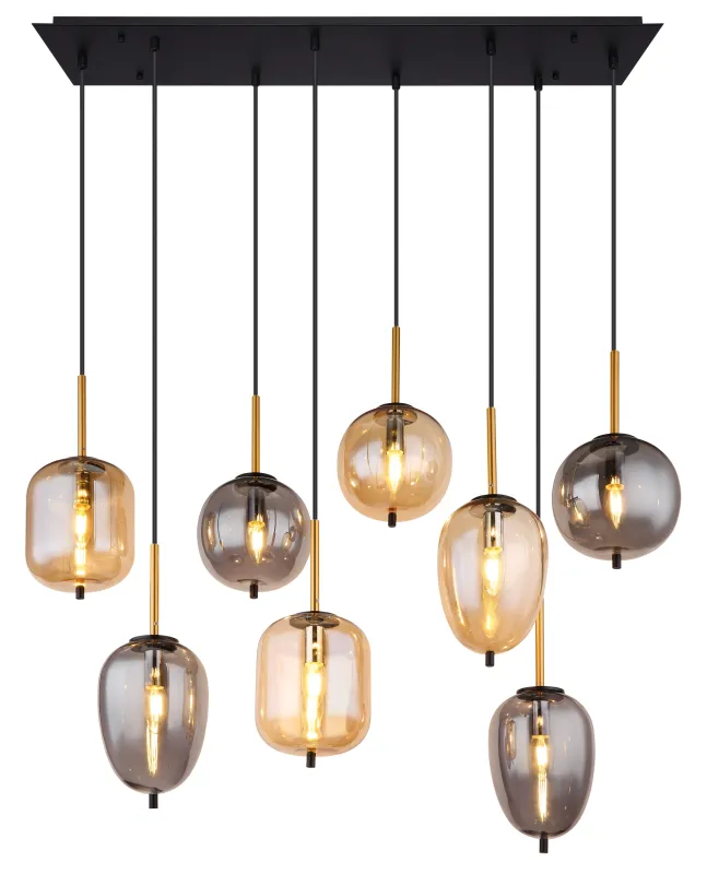 Blacky 102cm Keltainen kattovalaisin valmistajalta Globo Lighting - De &aring;tta r&ouml;k- och amberf&auml;rgade glasgloberna i olika former h&auml;nger fr&aring;n en svart, rektangul&auml;r takplatta och kan justeras upp till 120 cm fr&aring;n taket.