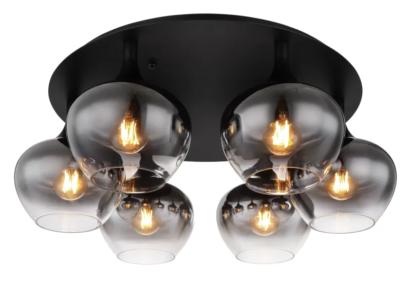 Maxy Ø65 Savun värinen plafondi valmistajalta Globo Lighting - P&aring; en rund takplatta av matttsvart metall sitter sex vackert formade r&ouml;kf&auml;rgade glaskupor.