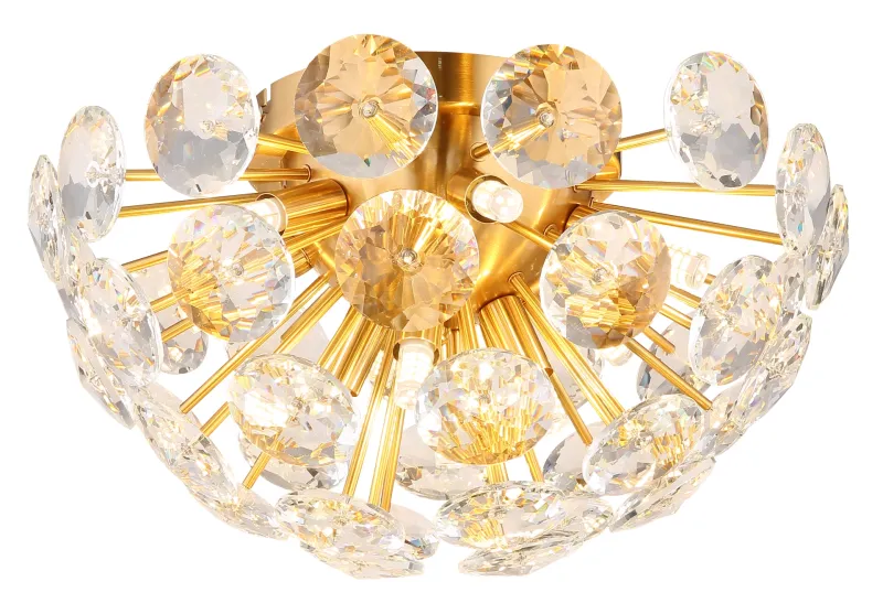 Virina Ø40 Kulta plafondi valmistajalta Globo Lighting - Dess eleganta design kombinerar en gyllene metallkropp med en sk&auml;rm av klara kristaller, vilket ger en lyxig och sofistikerad k&auml;nsla till ditt hem.