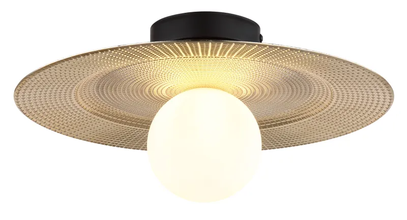 Riga Ø33 Kulta plafondi valmistajalta Globo Lighting - Lampan &auml;r tillverkad av mattsvart metall och den platta sk&auml;rmen i plast med nyanser av svart, guld och opal ger den en modern och sofistikerad design.