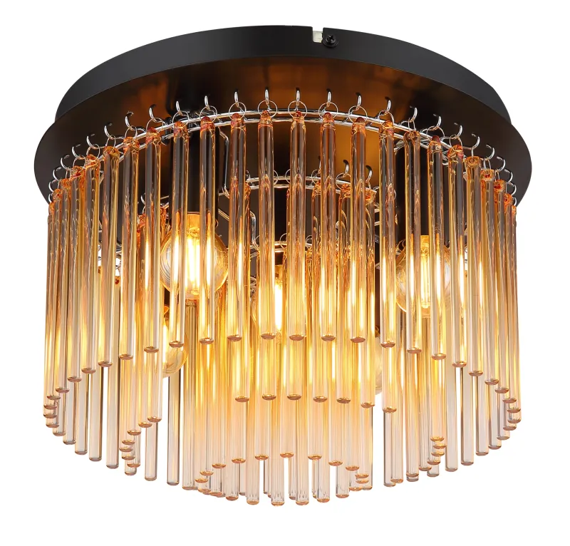 Gorley Ø32 Keltainen plafondi valmistajalta Globo Lighting - Dess design imponerar med en stilfull kombination av mattsvart metall och dekorativa stavar i klart och amberf&auml;rgat glas.