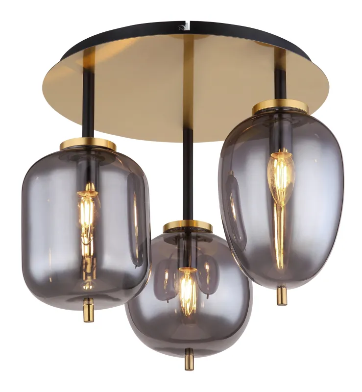 Blacky Ø46 Messinki plafondi valmistajalta Globo Lighting - Lampan &auml;r utrustad med 3st r&ouml;kf&auml;rgade glaskupor i olika former, som h&auml;nger fr&aring;n taket p&aring; mattsvarta st&auml;nger f&auml;sta vid en m&auml;ssingsf&auml;rgad bas.