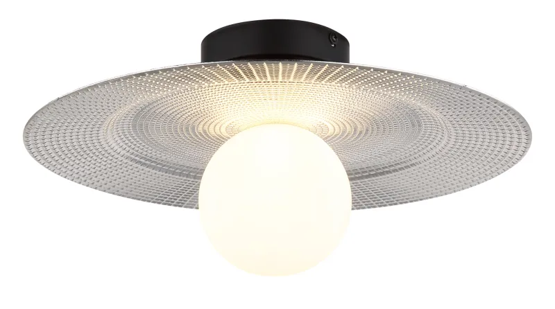 Riga Ø33 Hopea plafondi valmistajalta Globo Lighting - Lampan &auml;r tillverkad av mattsvart metall och den platta sk&auml;rmen i plast med nyanser av svart, silver och opal ger den en modern och sofistikerad design.