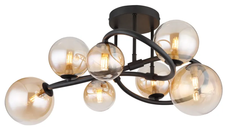 Tuberius Ø62 Keltainen plafondi valmistajalta Globo Lighting - Lampan &auml;r tillverkad av mattsvart metall och &auml;r smyckad med 7st glas i en&nbsp;mjuk b&auml;rnstensf&auml;rgad ton, vilket skapar en st&auml;mningsfull ljusspridning.