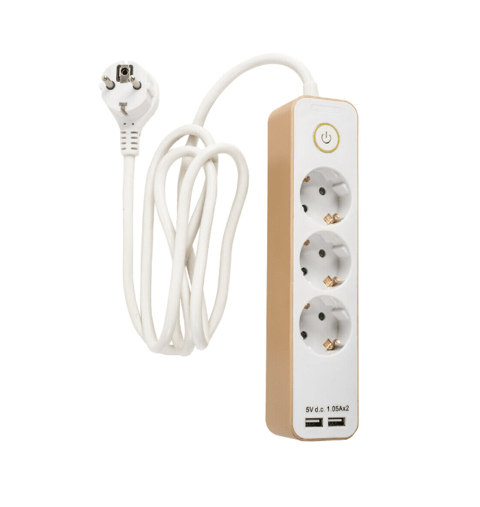 3-Tie Jakorasia valmistajalta Airam - 3-tie pistorasia kullanv&auml;risell&auml; kuorella ja on-/off-painikkeella, kaksi USB-porttia, max.