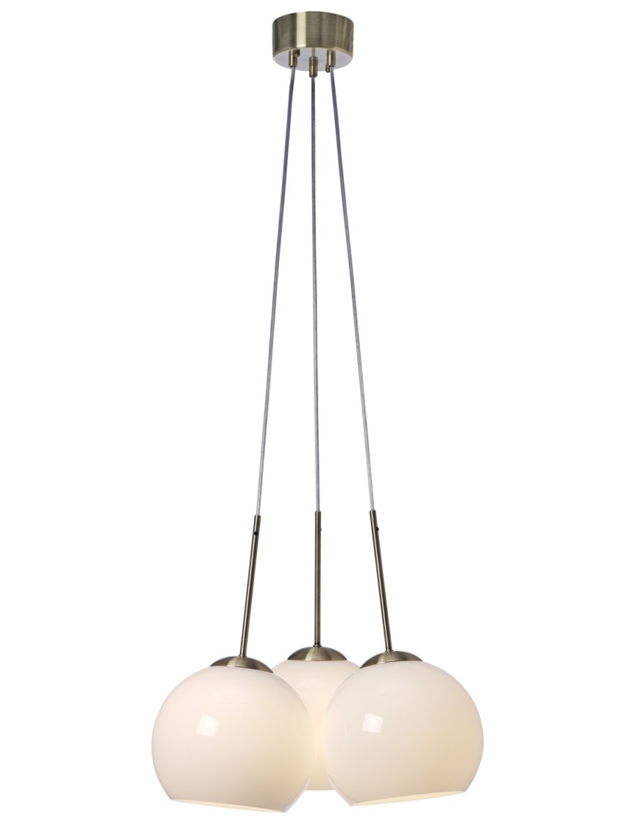 Salle Ø45 Antiikki messinki kattovalaisin valmistajalta Cottex - Salle-kattovalaisin, jossa on kolme opaalinväristä lasipalloa ja tyylikäs antiikkimessinkiviimeistely.