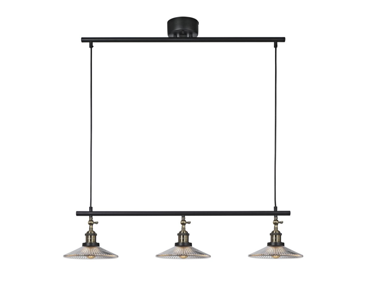 Cobble 82cm Musta kattovalaisin valmistajalta Cottex - Valmistettu metallista antiikkimessingistä ja mustasta viimeistelystä kolmella laskostetulla kirkkaalla lasivarjostimella, jotka tarjoavat ainutlaatuisen valon leikin.