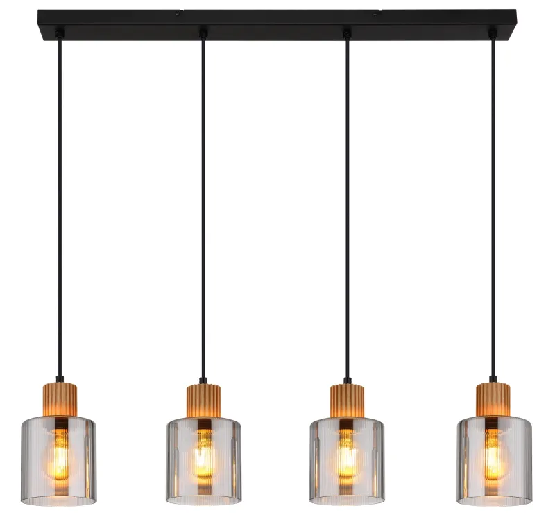 Aleidis 78cm Savun värinen kattovalaisin valmistajalta Globo Lighting - Fyra dekorativa glaskupor med tr&auml;detaljer h&auml;nger fr&aring;n en mattsvart metallstomme, vilket skapar en harmonisk balans mellan modern och rustik estetik.
