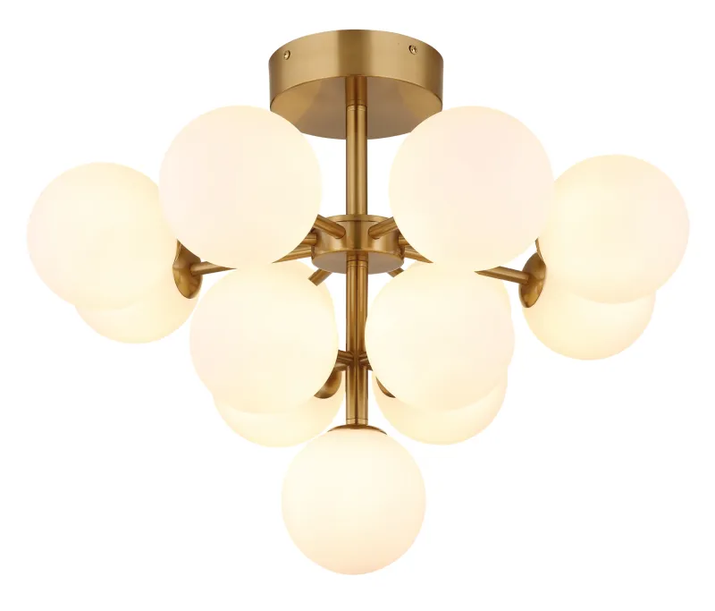 Grappy Ø56 Kulta plafondi valmistajalta Globo Lighting - Grappy plafond i guldf&auml;rgad metall blir en stilfull och lyxig detalj i varje rum med sin glamor&ouml;sa design och de 13st opalf&auml;rgade glaskulorna.