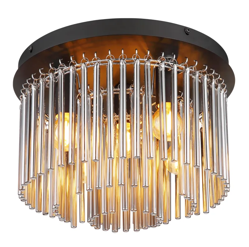 Gorley Ø32 Savun värinen plafondi valmistajalta Globo Lighting - Dess design imponerar med en stilfull kombination av mattsvart metall, gl&auml;nsande krom och r&ouml;kf&auml;rgade glasstavar.