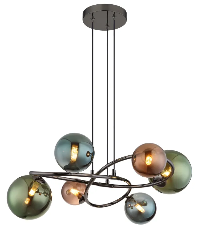 Riha 62cm Monivärinen kattovalaisin valmistajalta Globo Lighting - De olika glaskulorna i brons, gr&ouml;nt och petrol ger lampan en dynamisk och lekfull karakt&auml;r samtidigt som de skapar en visuellt intressant ljusbild.