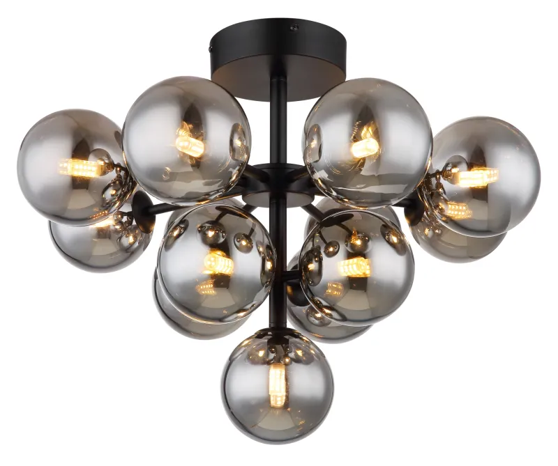 Grappy Ø56 Savun värinen plafondi valmistajalta Globo Lighting - Grappy plafond blir en stilfull och lyxig detalj i varje rum med sin glamor&ouml;sa design och de 13st r&ouml;kf&auml;rgade glaskulorna.