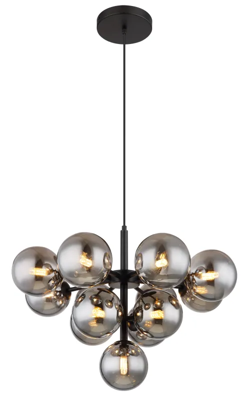 Grappy Ø56 Savun värinen kattovalaisin valmistajalta Globo Lighting - Grappy taklampa blir en stilfull och lyxig detalj i varje rum med sin glamor&ouml;sa design och de 13st r&ouml;kf&auml;rgade glaskulorna.