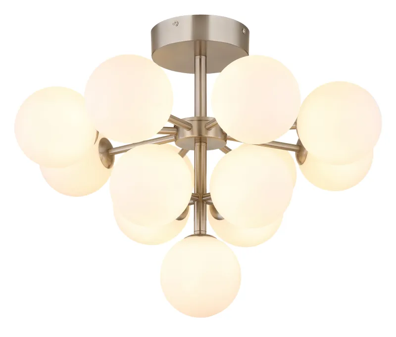 Grappy Ø56 Nikkeli plafondi valmistajalta Globo Lighting - Grappy plafond blir en stilfull och lyxig detalj i varje rum med sin glamor&ouml;sa design och de 13st opalf&auml;rgade glaskulorna.
