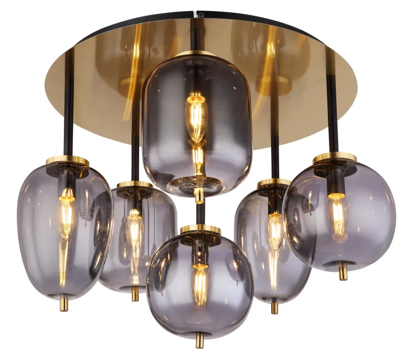 Blacky Ø63 Messinki plafondi valmistajalta Globo Lighting - Lampan &auml;r utrustad med 6st r&ouml;kf&auml;rgade glaskupor i olika former, som h&auml;nger fr&aring;n taket p&aring; mattsvarta st&auml;nger f&auml;sta vid en m&auml;ssingsf&auml;rgad bas.