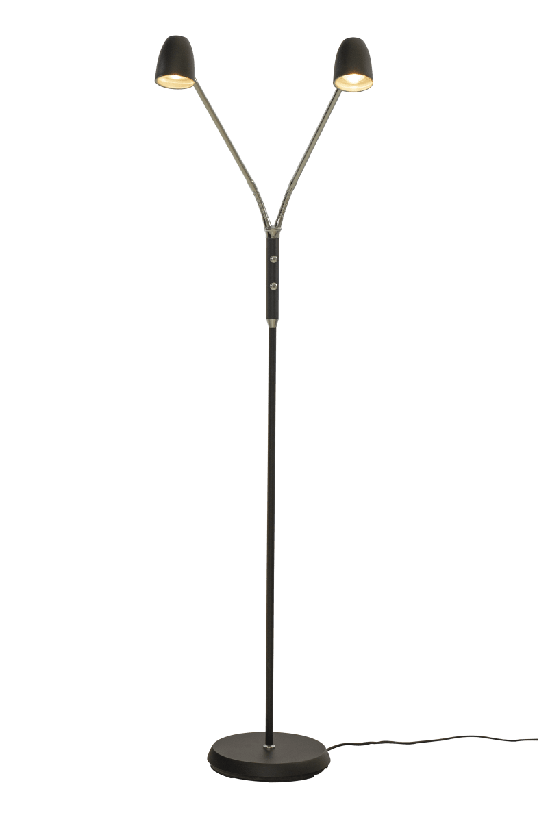 Sandnes 2 Musta lattiavalaisin valmistajalta Aneta Lighting - TV&aring; joustavat varret tekev&auml;t siit&auml; t&auml;ydellisen lukuvaloksi ja siin&auml; on kaksi erillist&auml; virtakytkint&auml; sis&auml;&auml;nrakennetulla himmentimell&auml;, mik&auml; mahdollistaa kirkkauden s&auml;&auml;t&auml;misen tarpeen mukaan.