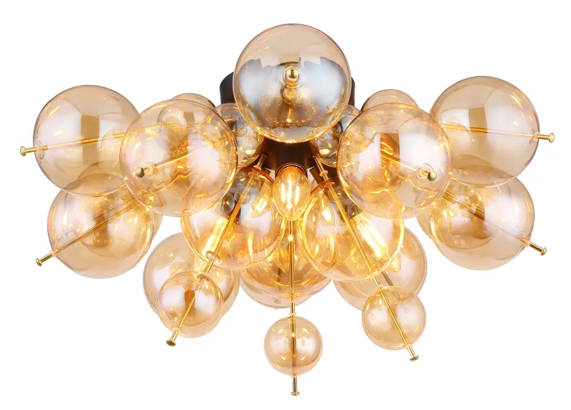 Udo Ø55 Keltainen plafondi valmistajalta Globo Lighting - Dess unika design utm&auml;rks av en rund form d&auml;r guldf&auml;rgade metallstavar elegant sammanl&auml;nkas med varmt b&auml;rnstensf&auml;rgade glasklot i olika storlekar.