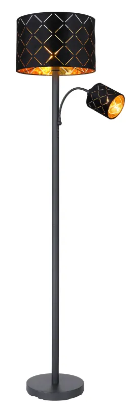 Sunna Musta lattiavalaisin valmistajalta Globo Lighting - Den runda stommen i h&ouml;gkvalitativ svart metall ger stabilitet och tidl&ouml;s charm, medan den svarta lampsk&auml;rmen i sammet med dekorativa utsk&auml;rningar tillf&ouml;r en lyxig k&auml;nsla och skapar ett fascinerande ljusspel.