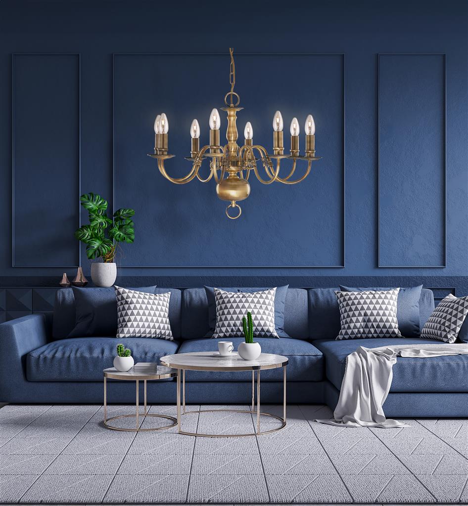 Flemish 8 Ø62 Messinki kattovalaisin valmistajalta Searchlight - Kahdeksan klassisen kynttelikk&ouml;tyylisen kynttil&auml;njalan ja koristeellisen, kaarevalla jalalla varustetun keskitangon ansiosta se v&auml;litt&auml;&auml; korostettua eleganssia ja perinnett&auml;.