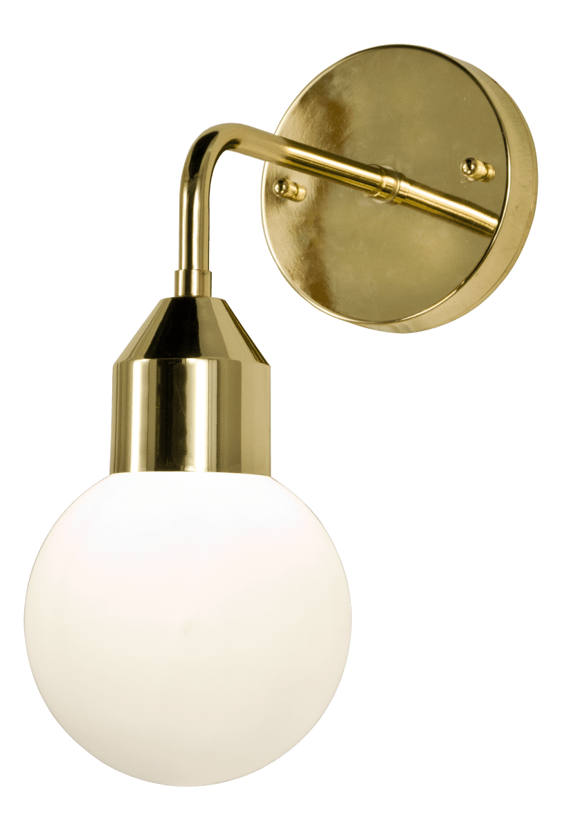 Florens Ø12 Messinki kylpyhuoneen valaisin valmistajalta Aneta Lighting - Sen pyöreä kupu opaalinvalkoisesta lasista levittää pehmeää ja miellyttävää valoa.