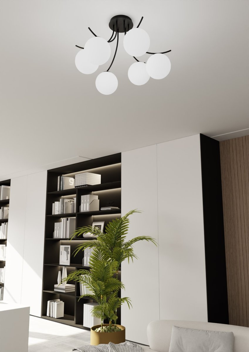 Boston Ø60 Mustavalkoinen plafondi valmistajalta Emibig Lighting - Ohuet lasikuvut lis&auml;&auml;v&auml;t eleganssia ja keveytt&auml;, kun taas minimalistinen muoto valaisee tehokkaasti suurempia alueita.