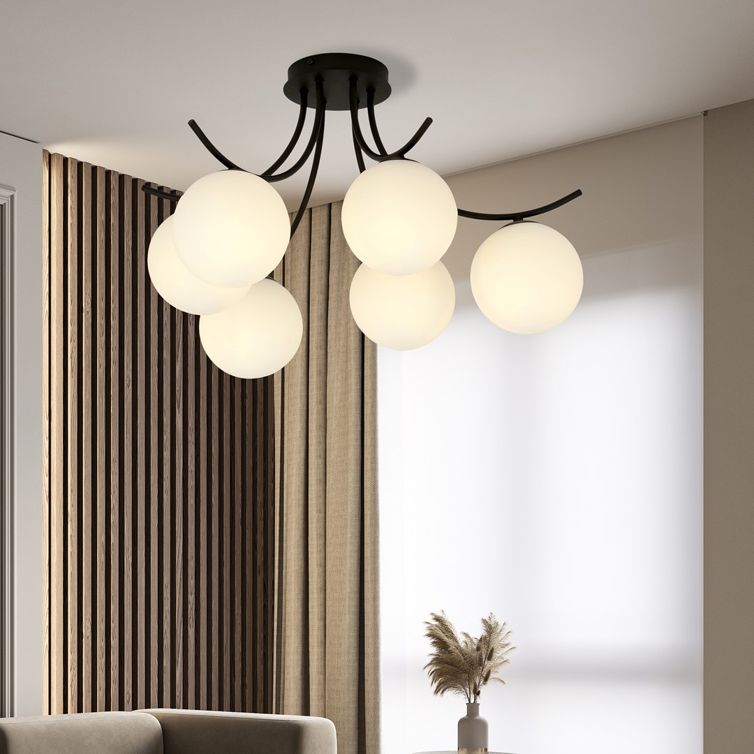 Boston Ø60 Mustavalkoinen plafondi valmistajalta Emibig Lighting - Ohuet lasikuvut lis&auml;&auml;v&auml;t eleganssia ja keveytt&auml;, kun taas minimalistinen muoto valaisee tehokkaasti suurempia alueita.