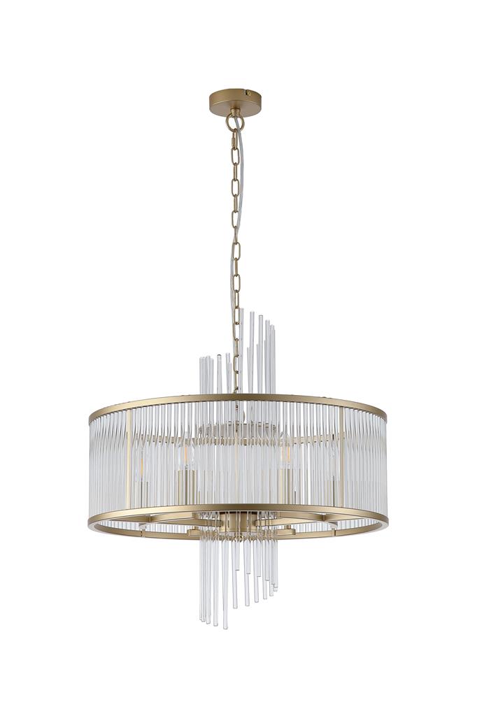 Lara Ø55 Harjattu kulta kristalli valmistajalta Searchlight - Pyöreää metallirunkoa, jossa on harjattu kultapinta, koristavat kirkkaat lasitangot, jotka prisman tavoin keräävät ja heijastavat valoa luoden pehmeän ja tunnelmallisen valokuvan huoneeseen.