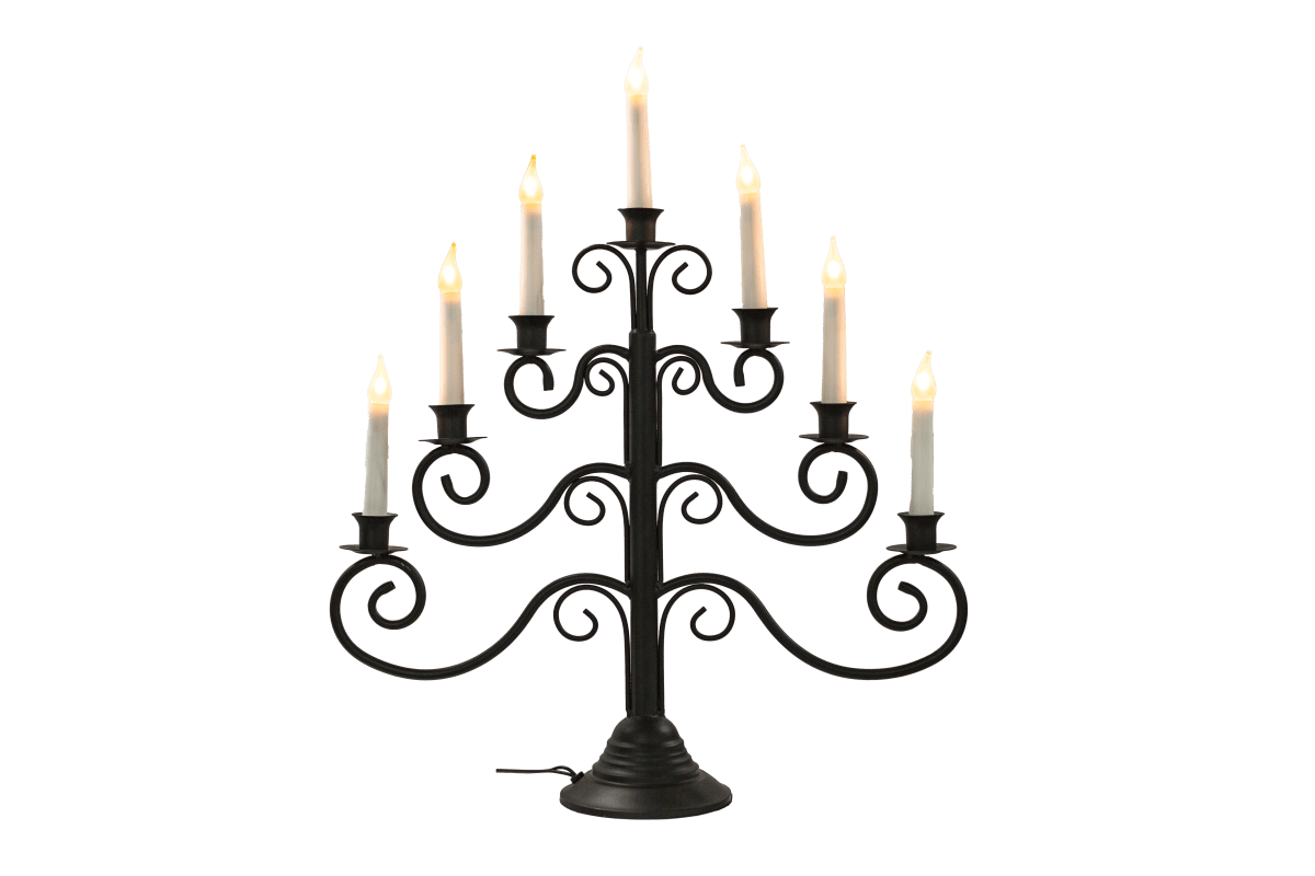 Hantverk 7 Musta valmistajalta Pixie Design - Elegantti ja maalaismainen seitsenhaarainen takorautainen kynttil&auml;njalka tyylikk&auml;&auml;n mustana.