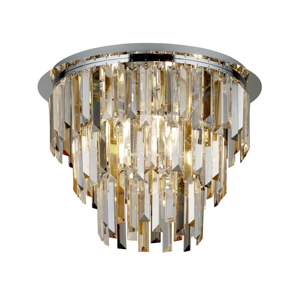 Clarissa Ø45 Kromi kristalli valmistajalta Searchlight - Kaunis Clarissa-kattovalaisin yhdist&auml;&auml; kirkkaita, savunv&auml;risi&auml; ja meripihkanv&auml;risi&auml; lasinsiruja tyylikk&auml;&auml;seen muotoiluun.